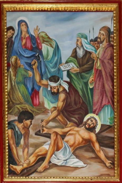 STATION XI: Jesus is Nailed to the Cross V: Consider that Jesus, after being thrown on the cross, extended His hands, and offered to His eternal Father the sacrifice of His life for our salvation.