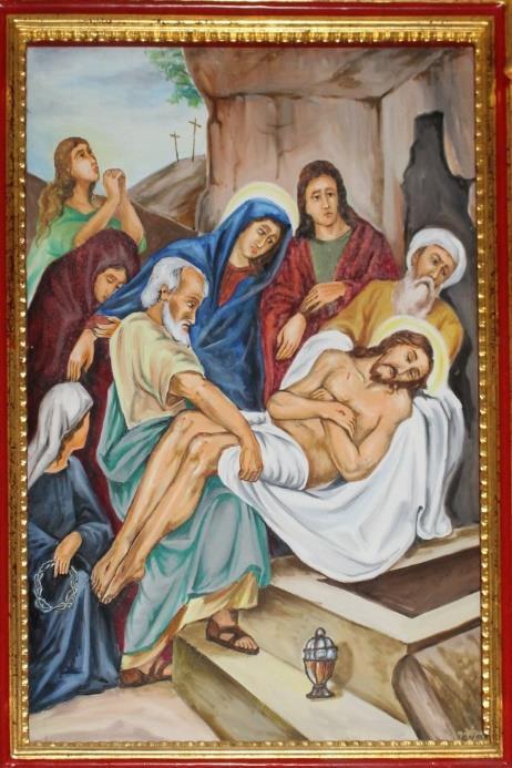 STATION XIV: Jesus is Laid in the Tomb V: Consider that the disciples carried the body of Jesus to bury it, accompanied by His holy Mother, who arranged it in the sepulchre with her own hands.