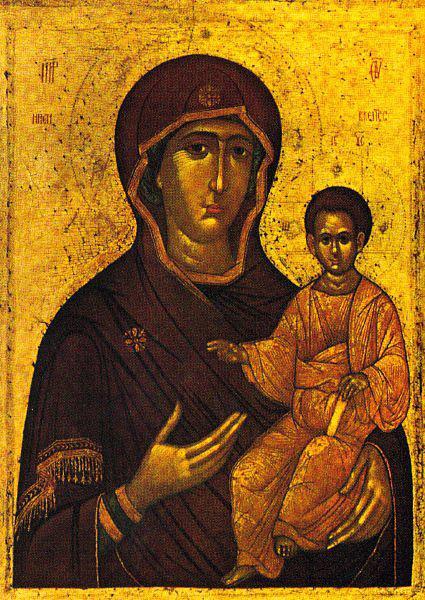 In this icon, Mary typically holds Jesus in the crook of her left arm. Mary s eyes look out straight from the icon, at you, the viewer.