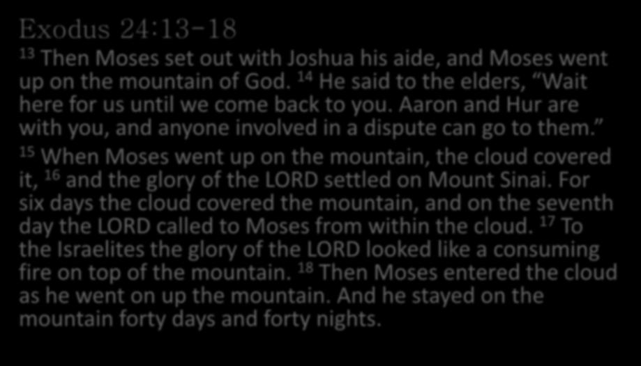 Exodus 24:13-18 13 Then Moses set out with Joshua his aide, and Moses went up on the mountain of God. 14 He said to the elders, Wait here for us until we come back to you.