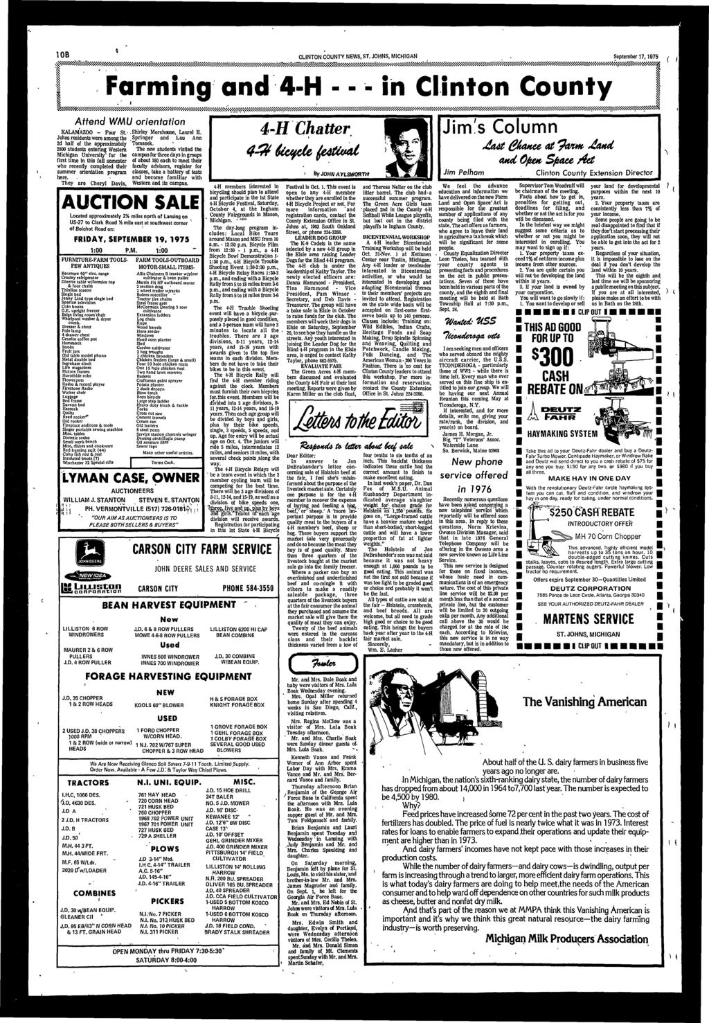 1 OB CLNON COUNY NEWS, S. JOHNS, MCHGAN. September 17,1975 /. «Farmng and 4-H - - - n Clnton County Attend WMU orentaton KALAMAZOO - Four St, < Shrley Morehouse, Laurel E.