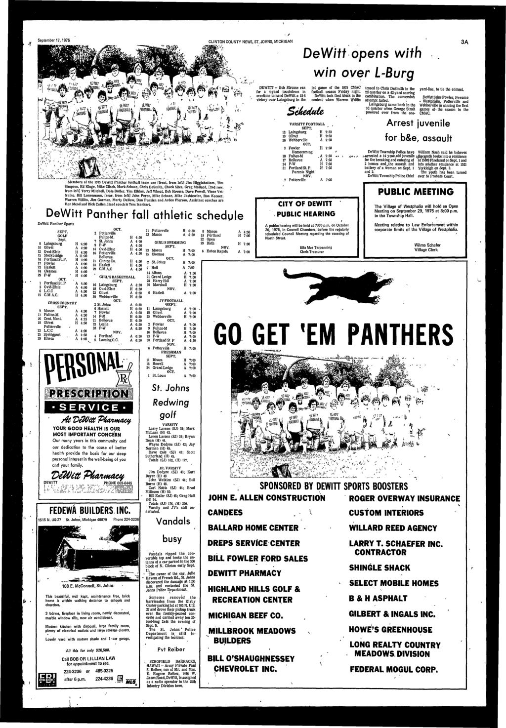 - / September 17,1975 CLNON CQUNY NEWS, S, JOHNS, MCHGAN DeWtt opens wth wn over L-Burg 3A Members of the 1975 DeWtt Panther football team are [front, from left] Jm Hggnbottom, m Smpson, Ed Kluge,