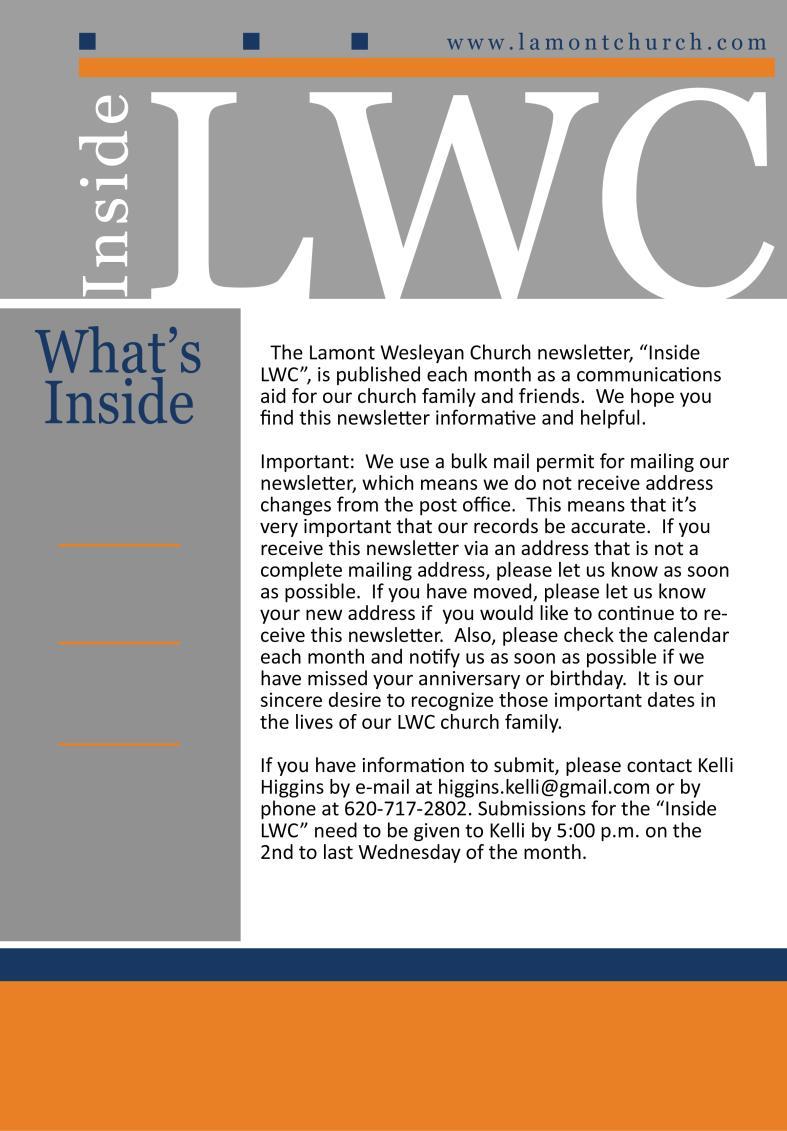 From the desk of Pastor Steve Local Service Opportunities Oct 2018 The Lamont Wesleyan Church newsletter, Inside LWC, is published each month as a communications aid for our church family and friends.