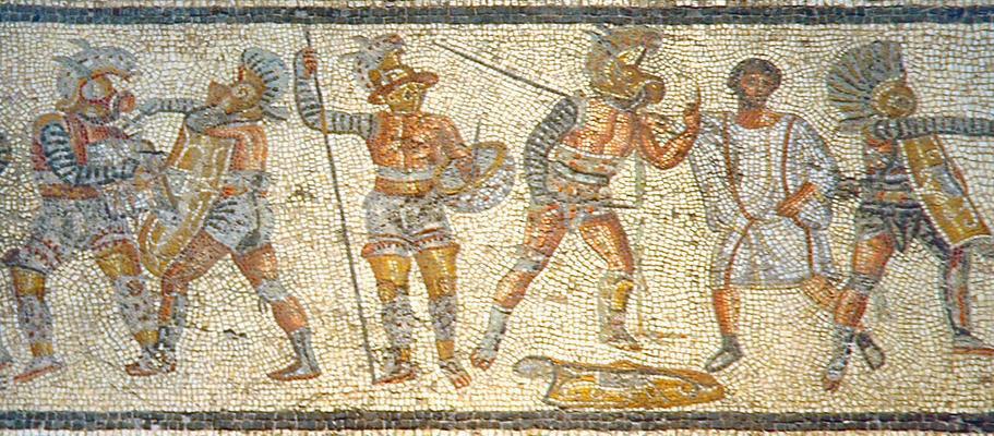 2. How do you think this process compares to modern water treatment plants? Document B Gladiators from the Zliten Mosaic, c. 200 CE 1.