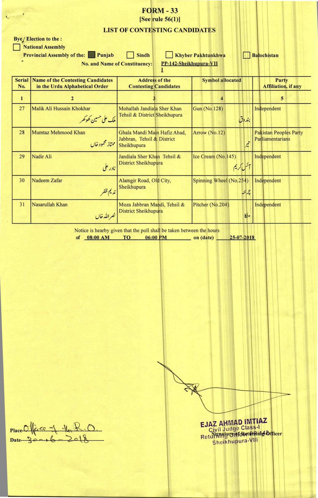 FORM 9-33 [See rule 56(1)] LIST OF CONT STING CANDIDATES Bye/ Election to the : El Provincial Assembly of the: Punjab j Sindh and Name of Constituency: 1 27 Khyber Pakhtunkhwa Ba ochistan