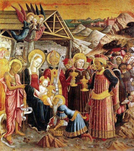 ST NICHOLAS IS CLOSE TO THE VIRGIN AND THE CHILD WHILE THE WISE MEN ARE WORSHIPPING HIM Benedetto Bonfigli was born in Perugia between 1420 and 1425, and here he died in 1496.