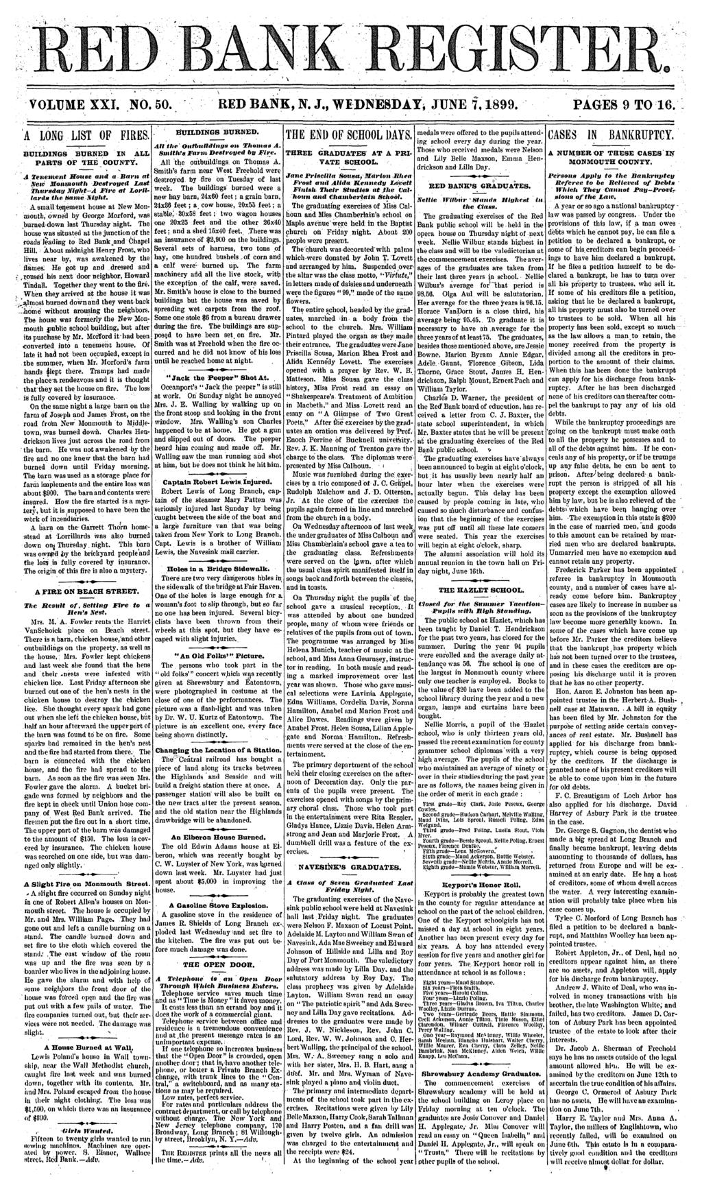A VOLUME XXI. NO. 50. RED BANK, N. J., WEDNESDA JUNE f, 1899. PAGES 9 TO 16. LONG LIST OF FIRES. BUILDINGS BURNED IN ALL PARTS OF THE COUNT.