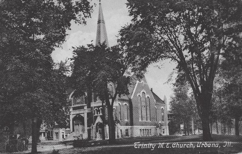 156 Methodist History Postcard picture of Trinity Methodist Episcopal Church, Urbana, Illinois. Photographer and date unknown, postcard in personal possession of the author. failing health.