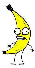 This cartoon is of a banana because it looks like a banana and it says that it is a banana. It is yellow, has the crescent shape of a banana, and exhibits the stem of a banana.