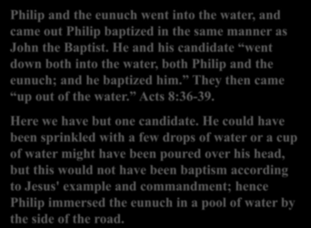 Philip and the eunuch went into the water, and came out Philip baptized in the same manner as John the Baptist.