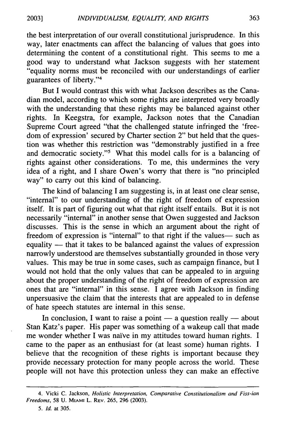 2003] INDIVIDUALISM, EQUALITY, AND RIGHTS the best interpretation of our overall constitutional jurisprudence.
