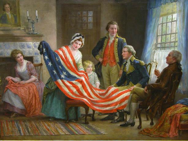 Jennie Brownscombe, an early 20th century painter, imagined the meeting of George Washington (seated) and Betsy Ross in her painting Examining the Flag.