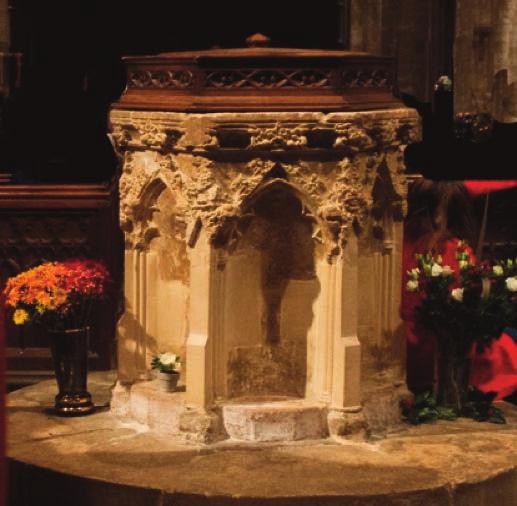 The Font Take time to inspect the intricate carvings on the font with its obvious restoration. The church would have suffered defacement during the Reformation and the Civil War period.
