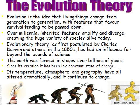 Evolution- The theory that all species change over time as only those with the features to survive their environment live long enough to breed and pass on their features to the next generation.
