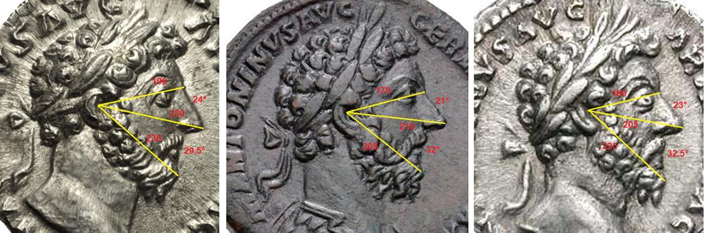 Figure 7. Profiles of coins of Marcus Aurelius (Left: AR Denarius. Rome mint. Struck AD 164. Middle: Sestertius. Rome mint. Struck AD 177. Right: AR Denarius. Struck 165 AD.