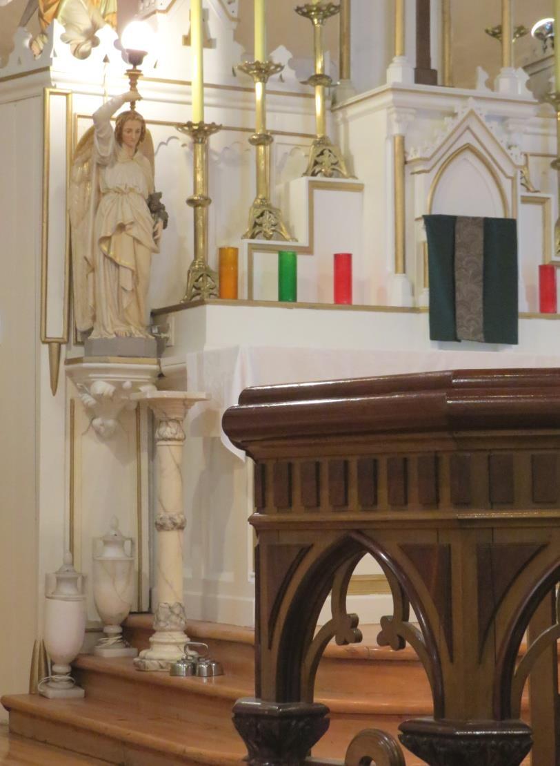 View of the pulpit and in the background, the Tabernacle, where the Blessed Sacrament is kept. Reference is made in the wardens' reports of 1882 to the purchase of the altar for $250.