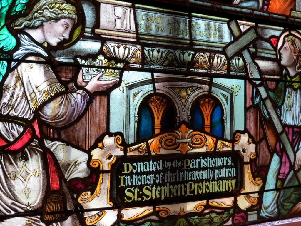 The stained-glass windows were donated by families of the parish and whose names are