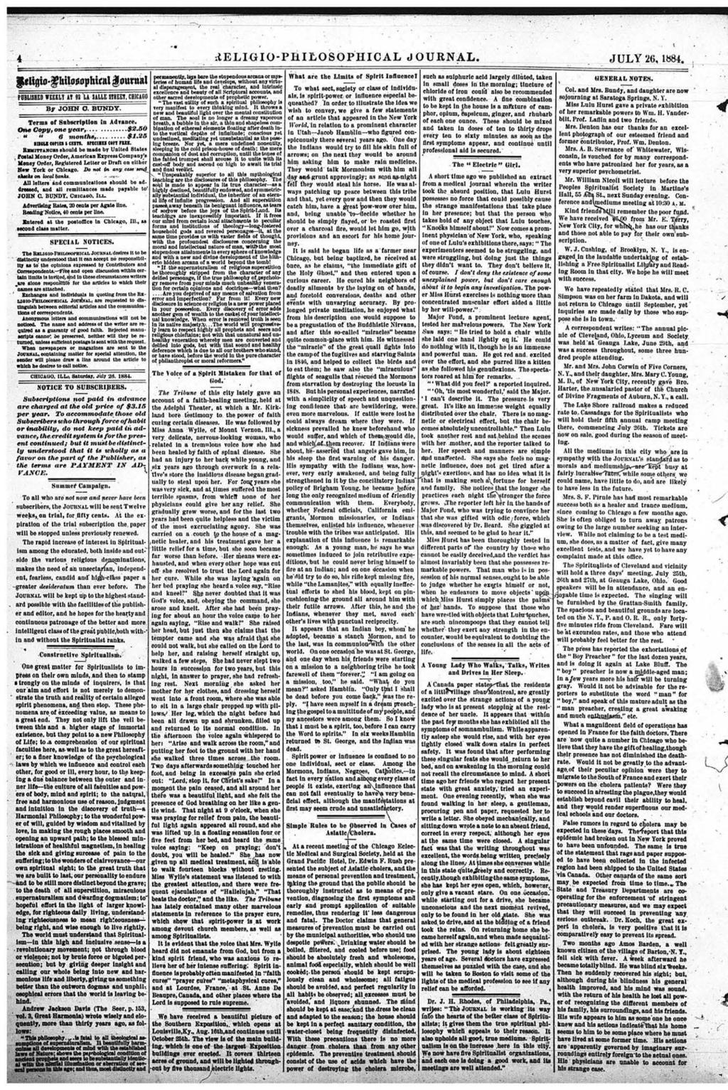 ileligio-pbiiiosophical JOURNAL. JULY 2(1, 1884. fwtflto-f Iiilosophital outnai fubluhed WEEKLY i f 9Î L i ULLE «BEET. CHItKQC B y JOHN O. BUNDY. Term* of Subscription to Advance.