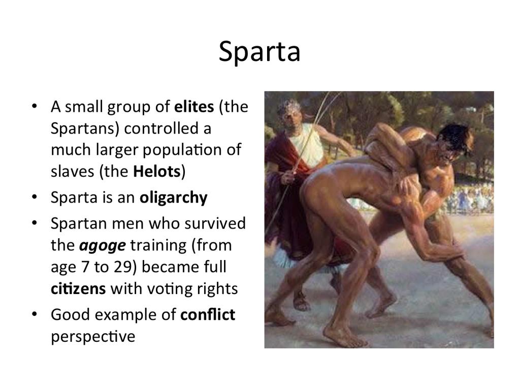 The two great states of ancient Greece were Athens and Sparta. The two cultures could not have been more different. Sparta was land-locked, in the middle of the Peloponnesus, a region of Greece.