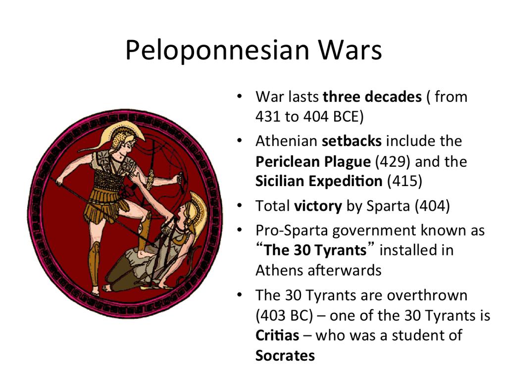 Athens and Sparta fought each other for control of Greece and the Greek islands in the Mediterranean. These wars lasted thirty years and ended with a total victory by Sparta.