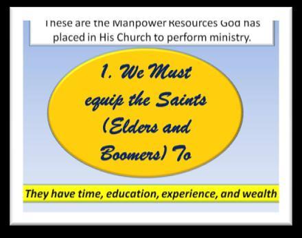 Larger churches located in affluent neighborhoods will also die if they do not emphasize the steps of equipping their Elders and Busters to mentor their Mosaics and