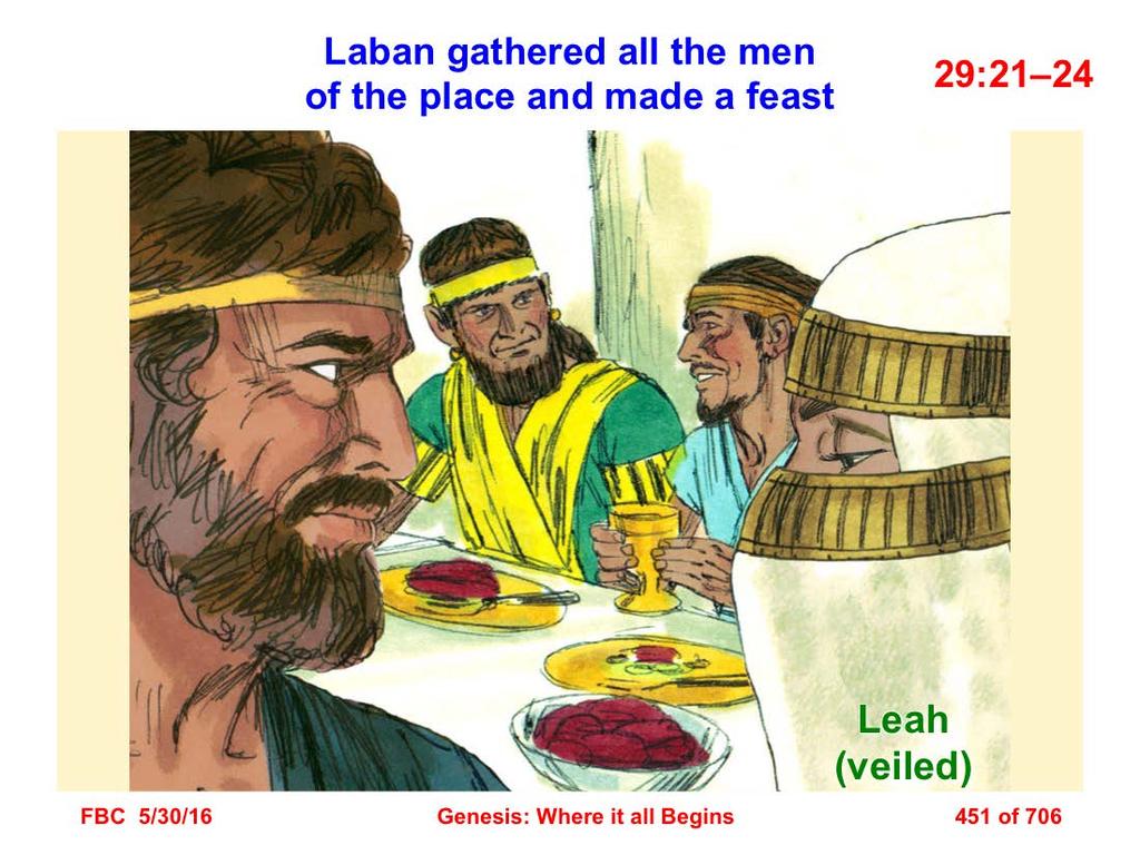 21 Then Jacob said to Laban, Give me my wife, for my time is completed, that I may go in to her. 22 Laban gathered all the men of the place and made a feast.