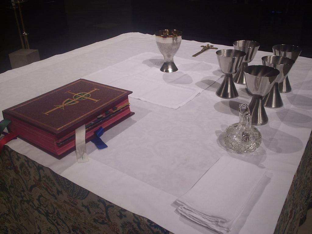 Liturgy of the Eucharist Preparation of the Gifts As the song for the Preparation of the Gifts begins and the ushers begin passing the collection baskets, you will prepare the altar as shown in the