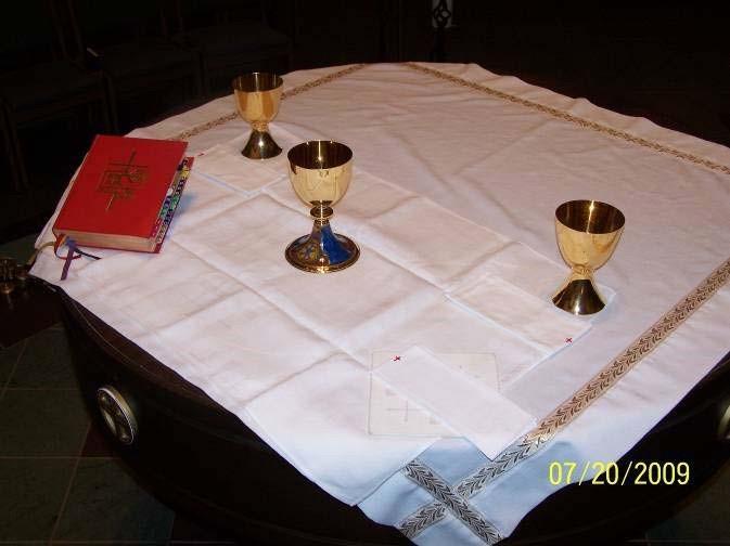 Place on the Altar with the V-folds up so that any crumbs of the consecrated bread the body of Christ will be collected when the Corporal is refolded.