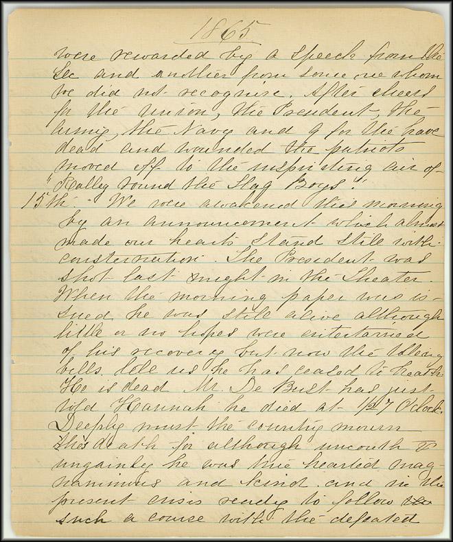 Mary Henry Diary Entry, April 15, 1865: Mary Henry Diary entry for