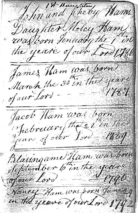 [p 12] John Hams Bible and he was Born December 4 th in the year of our Lord 1764 1 1 In addition to the children listed in the above family