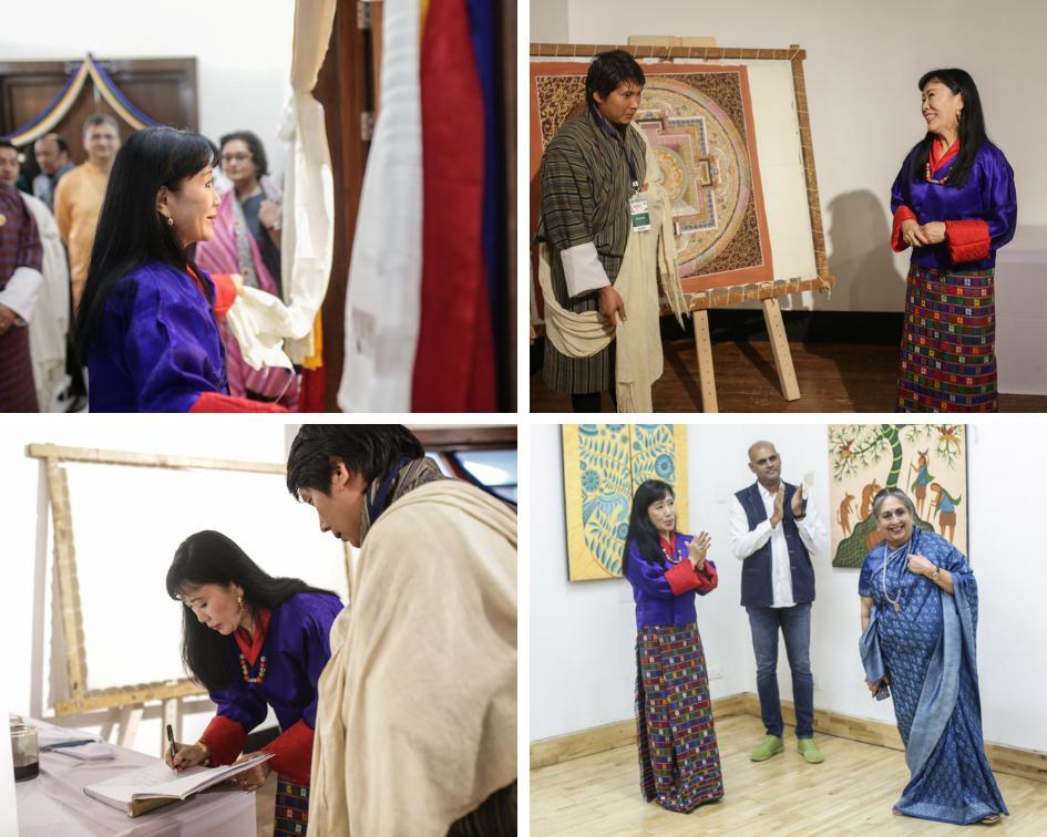 Malvika Singh, the curator of the Tree of Life exhibition, created by the inmates of Jaipur Central Jail, also did a walk-through with Her Majesty and the attendees.