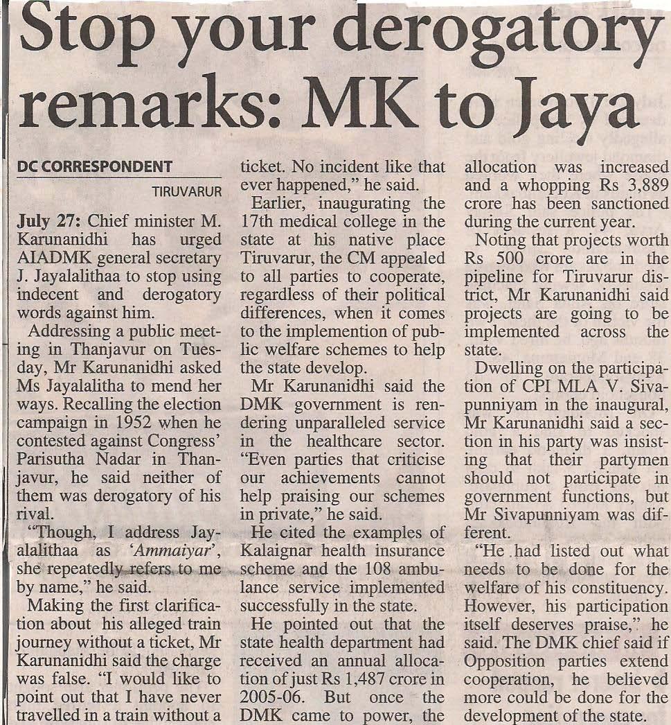 Stop your Derogatory Remarks: MK to Jaya Deccan