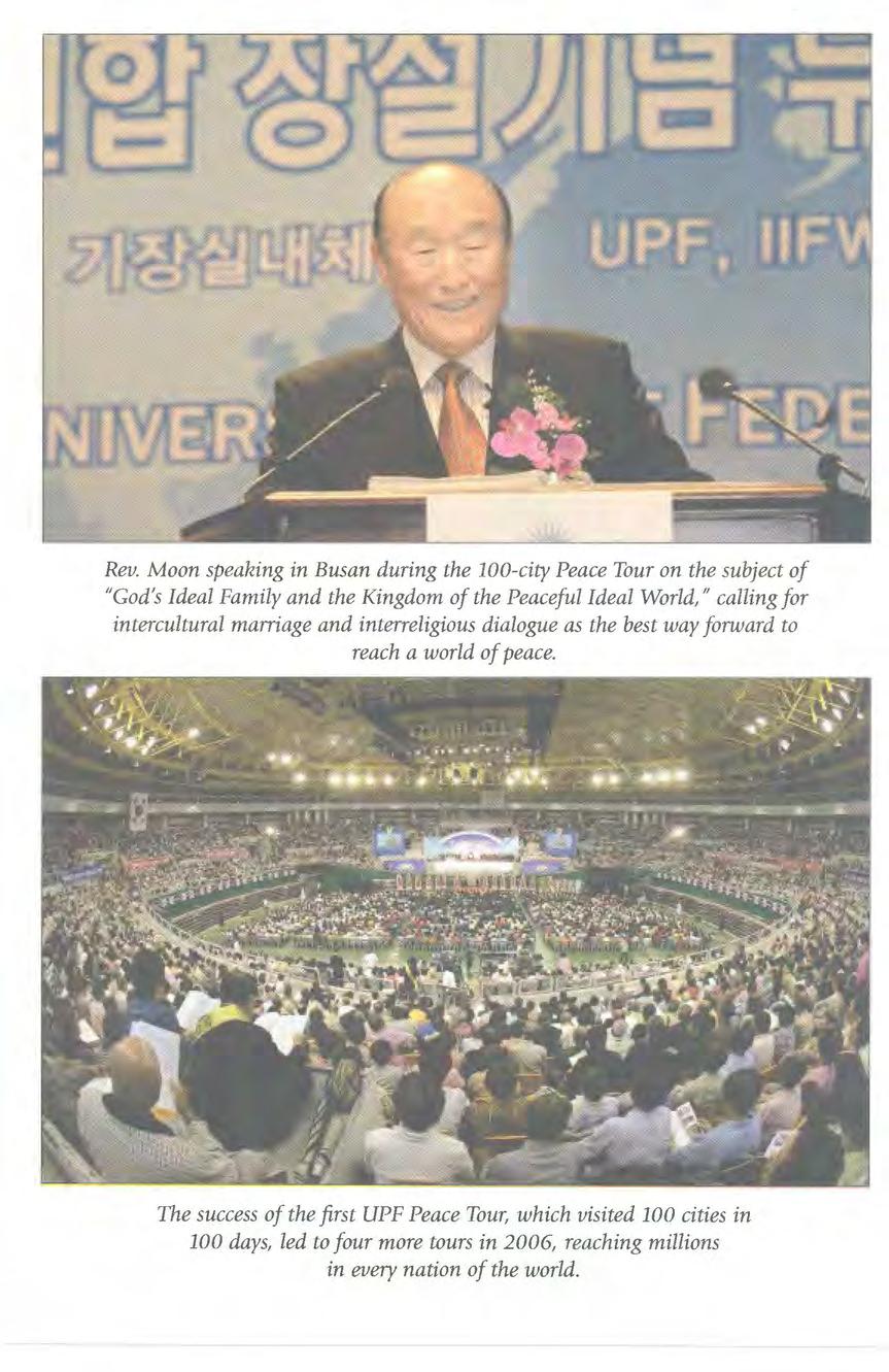 Rev. Moon speaking in Busan during the 100-city Peace Tour on the subject of "God's Ideal Family and the Kingdom of the Peaceful Ideal World," calling for intercultural marriage and interreligious