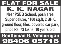 North Usman Road, 725 sq.ft, 1 st floor, open car parking, inspection from 10 a.m to 6 p.m. Ph: 94447 82765, 90438 63095.