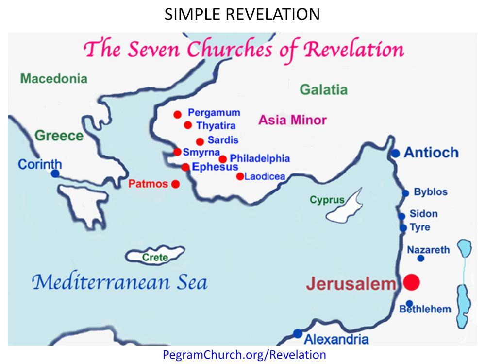 Here is a map of the region at the time. The churches are named in a clock-wise circuit starting in Ephesus. All the cities of the 7 churches are in Asia Minor, which is modern day western Turkey.