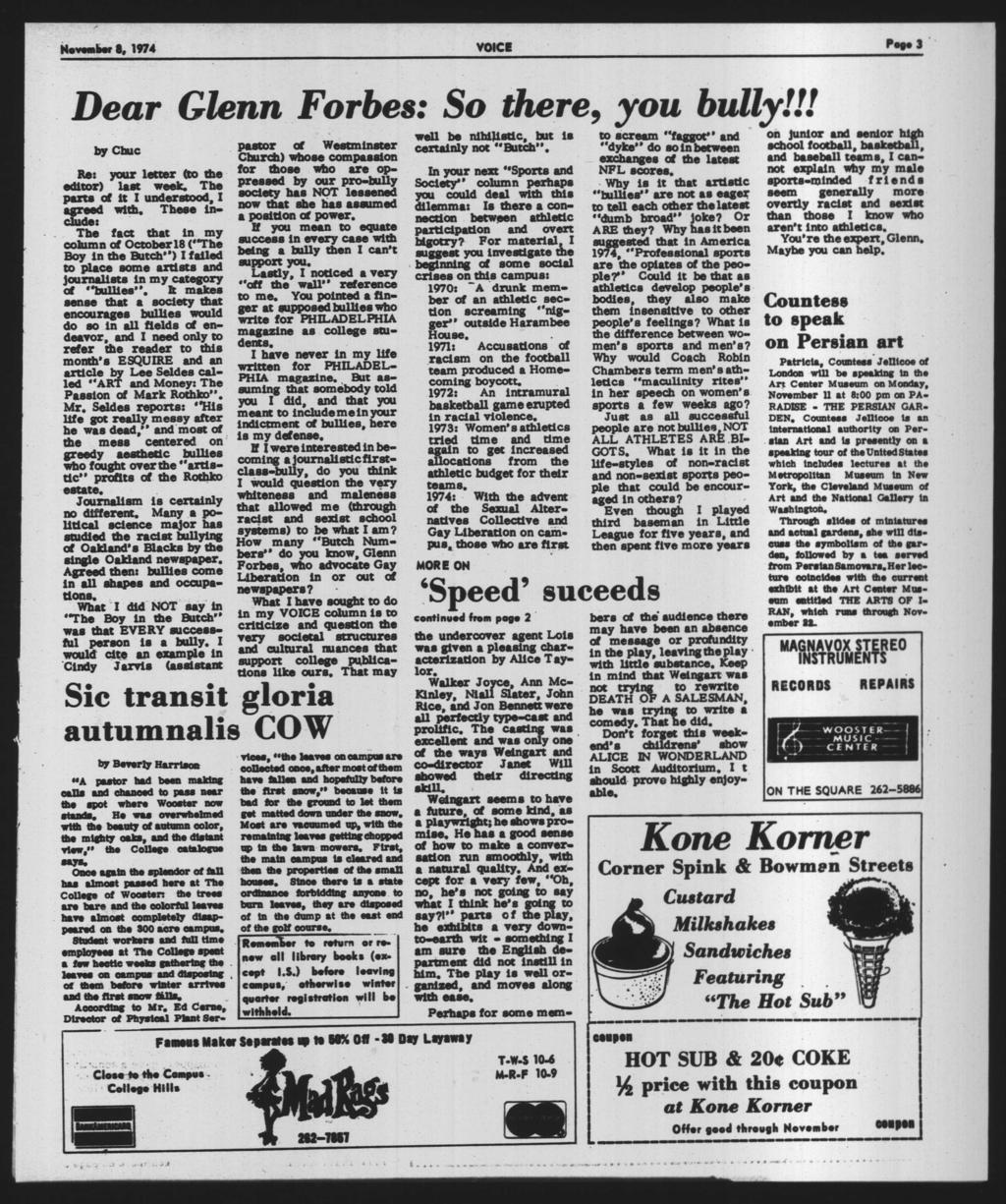 November 8, 1974 VOICE Peg 3 Ber Glenn Forbes: So there, you bully!