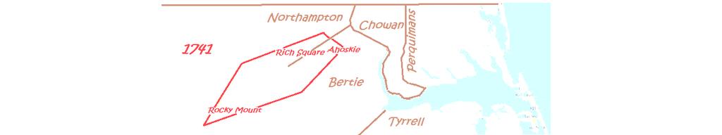 The map above shows some lines of Perquimans, Chowan, Northampton and Bertie as they were in 1741; the Northampton line was the same in 1741-1758; the bordered area shows where James Barnes (Sr) and