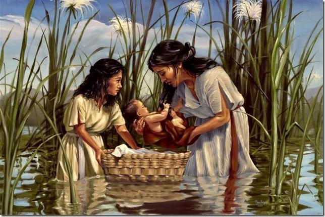 "When she could hide him no longer, she got him a wicker basket (tevah, which is the same Hebrew word for the ark of Noah) and covered it over with tar and pitch.