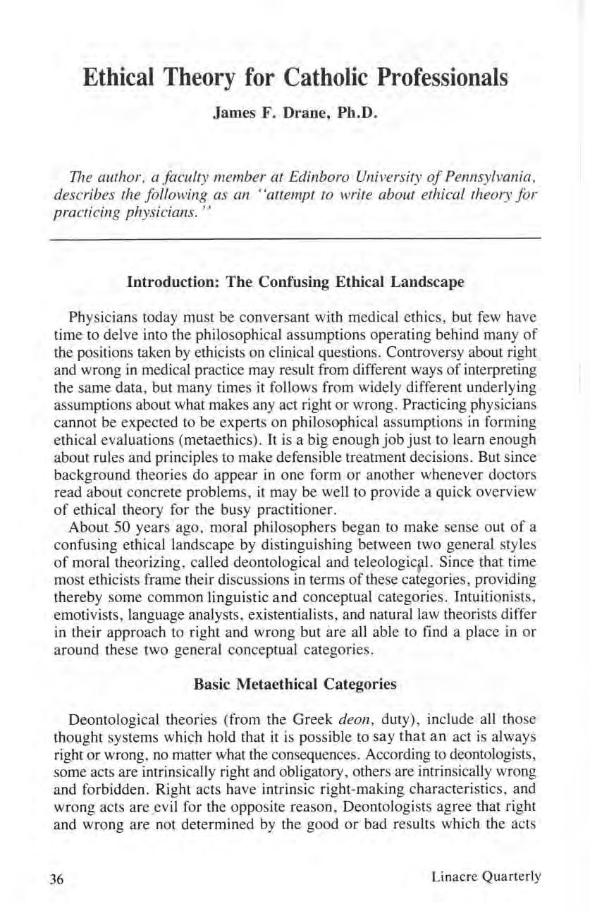 Ethical Theory for Catholic Professionals James F. Dr