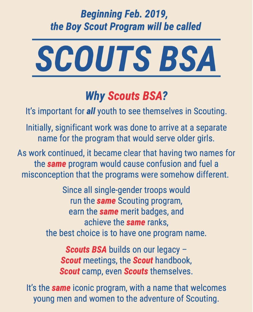 This explanation makes a lot of sense to me. And it shows that they will be earning the same merit badges, the same ranks etc.