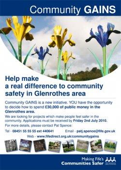 Community GAINS and Markinch Parish Church Youth Club Community GAINS Glenrothes Antisocial behaviour Initiatives and Neighbourhood Schemes is a new initiative in the Glenrothes area.