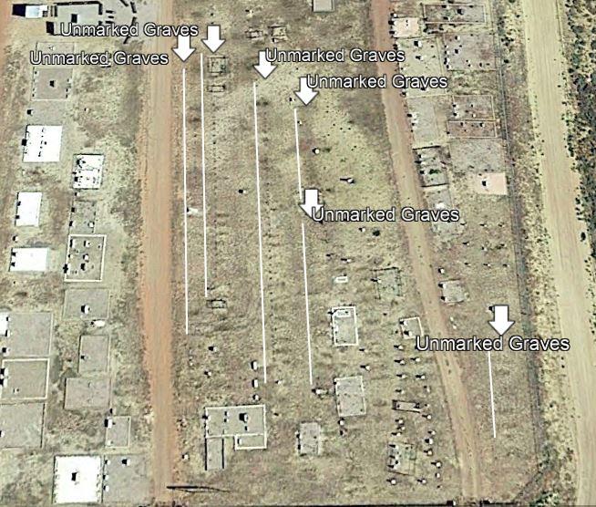 UNMARKED GRAVES IN THE HANNA CEMETERY (GOOGLE MAP LABELED BY BOB LEATHERS) The Hanna cemetery board in 2000 voted to remove Mary Ford s crosses and replace them with