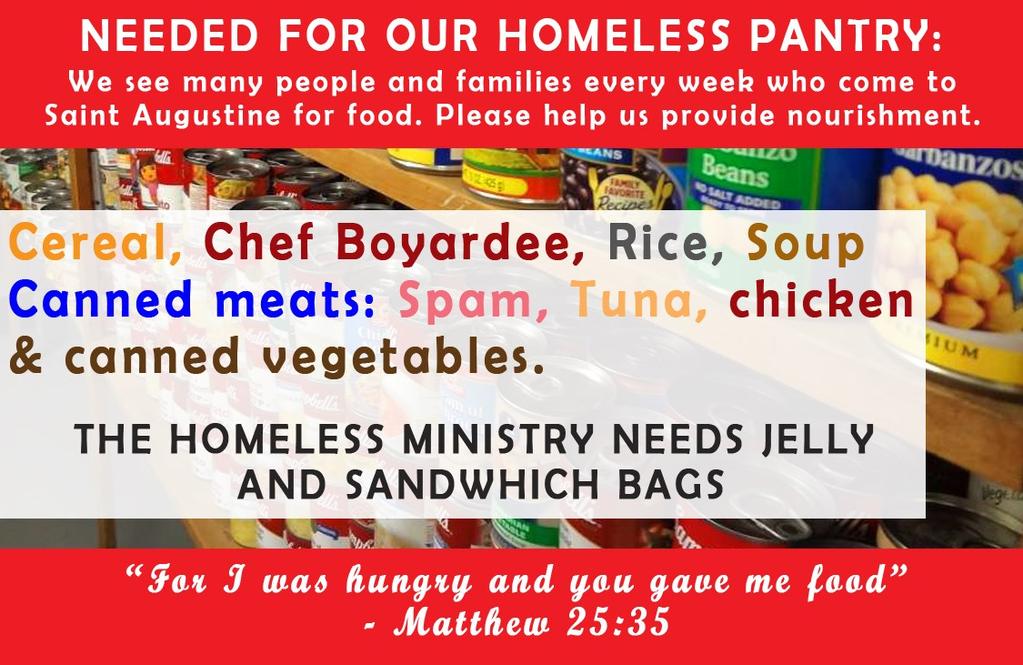We are currently needing the following food donations : Monday, April 16, 2018 8:00am & 12:05pm: Daily Mass @ Church Tuesday, April 17, 2018 8:00am & 12:05pm: Daily Mass @ Church 5:30pm-6:30pm: