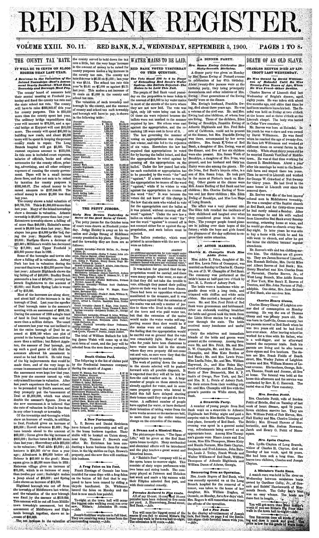 RED BANK VOLUME XX. NO. 11. RED BANK, N. J., WEDNESDA, SEPTEMBER 5, 1900. PAGES 1 TO 8. THE COUNT TAX "RATE. T WLL BE 16 CENTS ON 81.000 HGHER THAN LAST EAR.