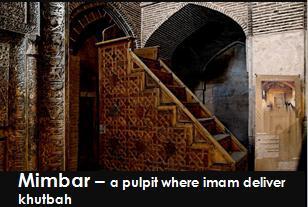In the following eras, Minbar form had evolved and became of two triangular sides that represent the sides of the rising stair that ends with the seat of the Imam.