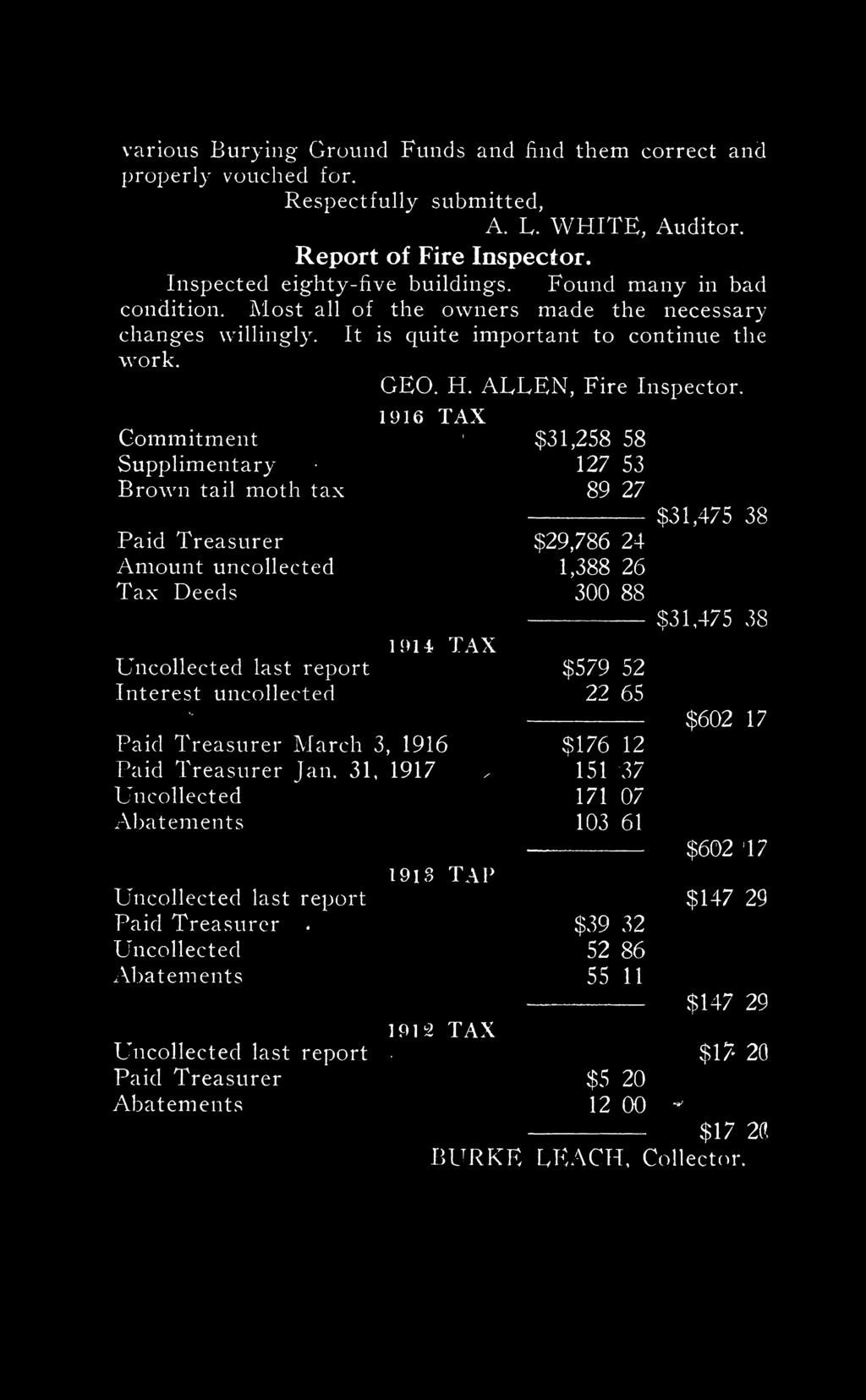 1916 TAX Commitment ; $31,258 58 Supplimentary 127 53 Brown tail moth tax 89 27 Paid Treasurer $29,786 24 Amount uncollected 1,388 26 Tax Deeds 30088 1914 TAX Uncollected last report $579 52 Interest