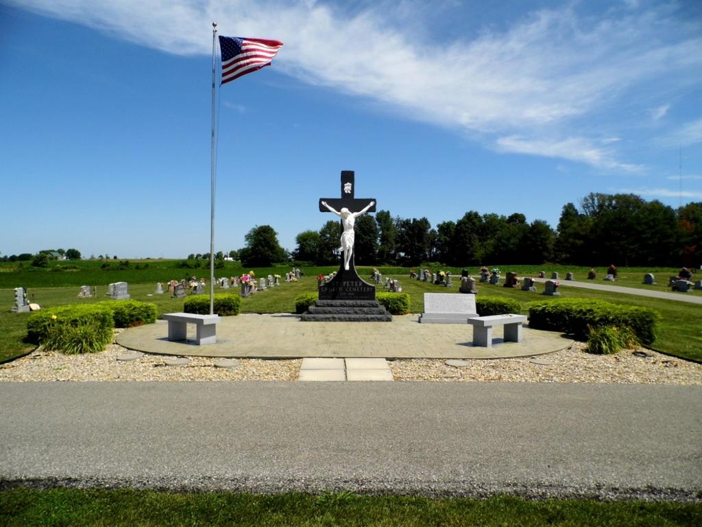 Left: St. Peter s Cemetery, Plaza. This is the Plaza at St. Peter s Cemetery located on the north portion of the cemetery. St. Peter s Cemetery has the largest number of buried ancestors.
