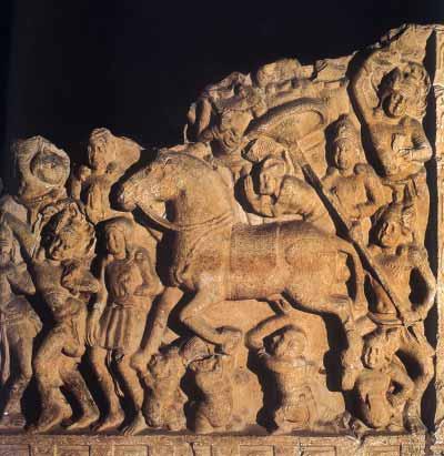 90 Fig. 4.7 A sculpture (c. 200 CE ) from Amaravati (Andhra Pradesh), depicting the departure of the Buddha from his palace THEMES IN INDIAN H ISTORY of the Sakya clan.