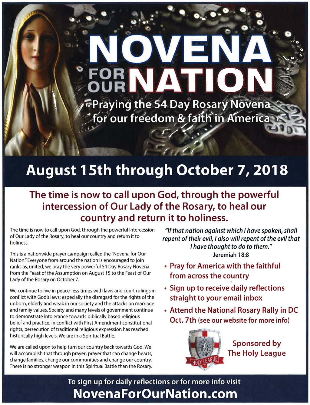 August 26, 2018 Every First Saturday join in praying 1000 Hail Marys in the church at 6:30pm 7