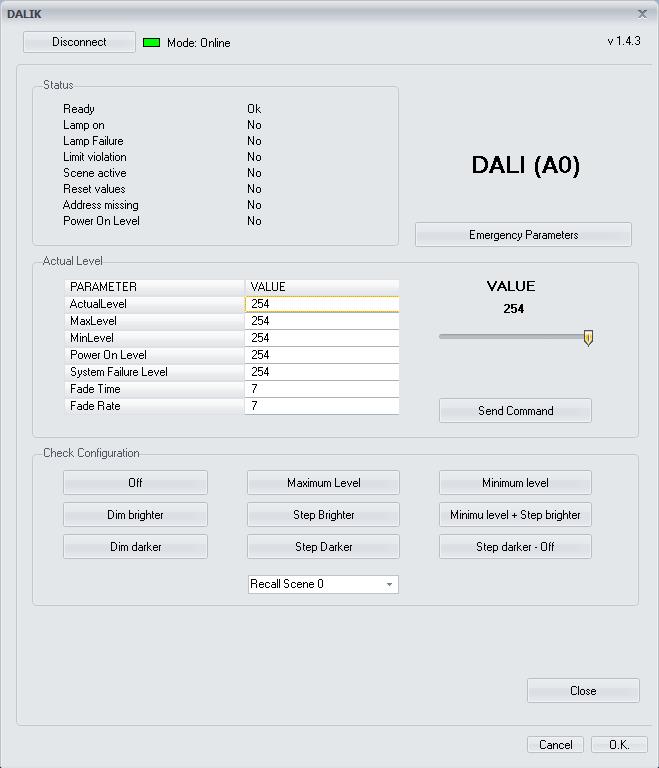 The new window shows for the indicated DALI ballast (upper right side) the current values of the following parameters.
